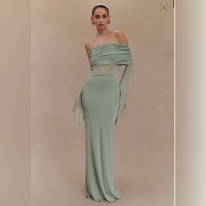 Meshki Kaitlin One Shoulder Slinky And Mesh Maxi Dress - Basil